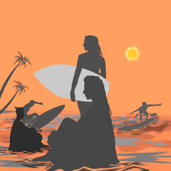 surfers on the beach with sunset sea