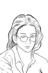 portrait sketch of a woman wearing glasses with a white background