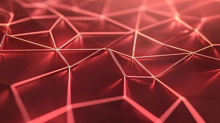 The image displays a vibrant red abstract geometric network, with lines creating triangular and polygonal shapes, giving the impression of a futuristic, interconnected design.