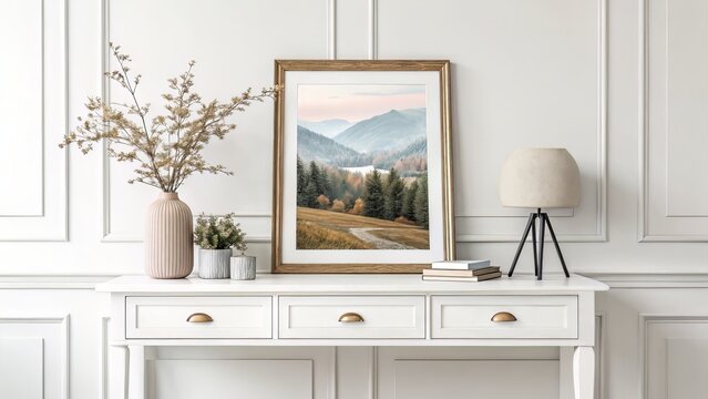 Refined desk or shelf setup with a landscape poster placeholder, floral decor, and minimalist editorial styling.