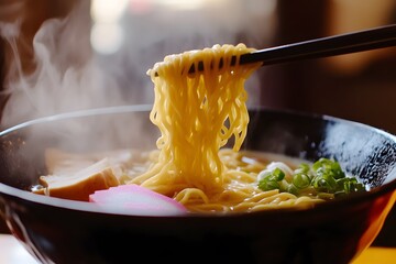 Hot ramen noodles in ceramic bowl, steam rising, with side condiments visible for authentic, comforting presentation.