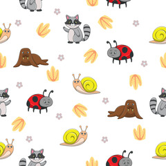 Obraz premium Cute wild animals seamless pattern for baby shower decor, nursery print, kindergarteen wallpaper, fabric, and textile. Vector illustration