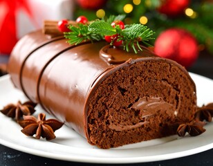 Chocolate log cake, festive, holiday