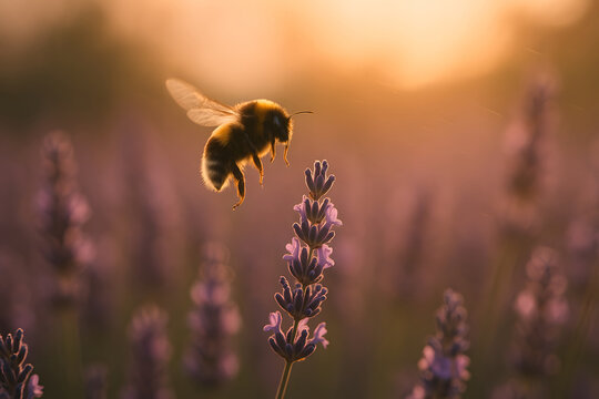 Bee Hovering Over Lavender Flower in Sunset Lighting