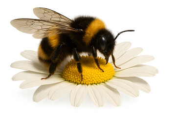 Bee on daisy flower close up