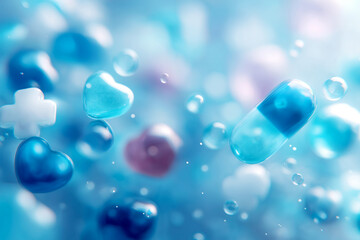 Clean Soft White Medical Background and Modern Healthcare Concept with Heart Shapes and Medical Pills Composition
