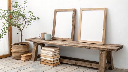 Fototapeta premium Natural home vignette featuring two blank frames on a rustic bench, styled with books and ceramic for a relaxed mood.