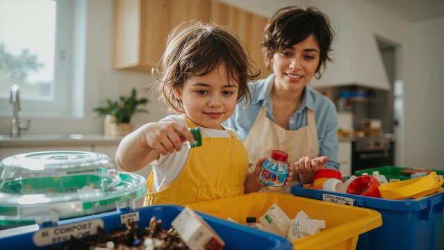 A little girl sorting recycling with her mother in a bright kitchen environment at home