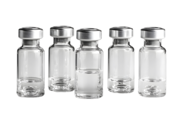 Five medical glass vials with liquid isolated on transparent background