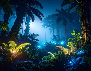 夜の生物発光するジャングル