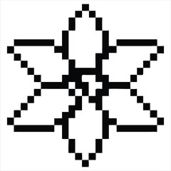 A stylized pixel art representation of a six pointed star or flower with sharp petals and a geometric center rendered in a simple black and white outline