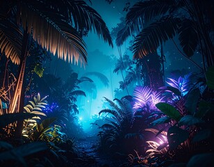 夜の生物発光するジャングル