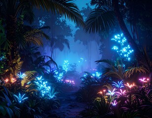 夜の生物発光するジャングル