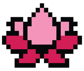 Retro pixel art illustration of a pink star flower with a black outline evoking a nostalgic 8 bit video game aesthetic and a sense of simple charming design