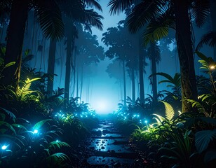 夜の生物発光するジャングル
