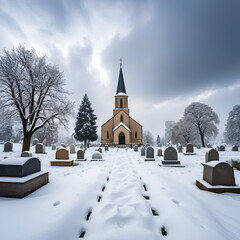 A grave yarad in winter with tomb stones buried in snow and a church at the background under mysterous cloudy sky