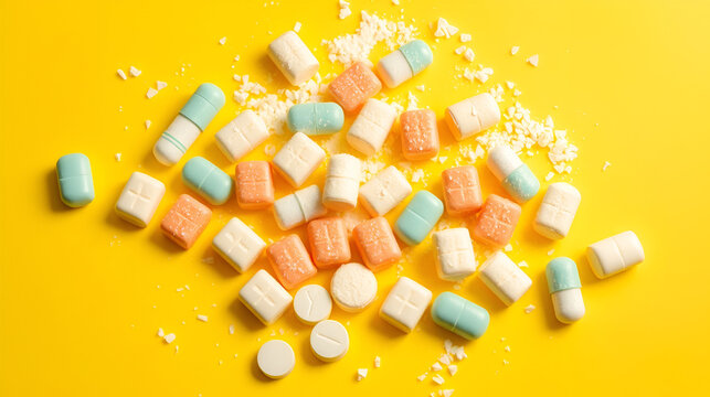 Scattered tablet candies on yellow background. Compressed sugar powder confectionery, dextrose candy necklace parts, vitamin c tablets, lozenges pile