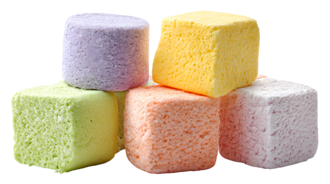 Colorful marshmallow puffs stacked isolated on transparent background