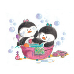 happy penguin bathing together, crayon doddle, sharing and caring,  celebration friendship for T Shirt, Poster, card