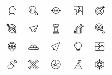 Fototapeta premium A dynamic strategy-themed line art set showcasing core ideas in planning and execution. Great for print materials, digital content, and educational strategy courses.