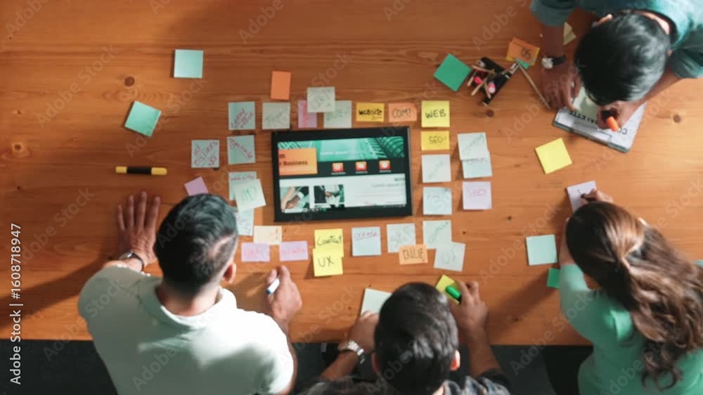 Poster top view of business people working together to design web design. aerial view of designer brainstor