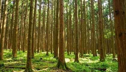 Obraz premium Sun-dappled forest floor, tall, slender trees