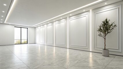 Obraz premium Minimal empty room with soft corner lighting and a blank wall, providing a distraction-free setting for branding or wall art.