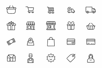 Fototapeta premium A stylish single-line vector bundle highlighting everyday shopping moments — from carts to checkout. Ideal for eCommerce websites, digital product promos, and UI kits.