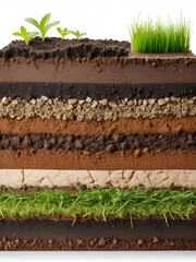 Photo of a cross-section showing different layers in soil with grass and dirt on a white background, close-up view, in natural light