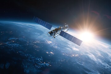Multi-Armed Surveillance Satellite Floating Above The Equator, Earth Below Glowing With Data Points And Weather Patterns, Lens Flares, Crisp Metal Detailing