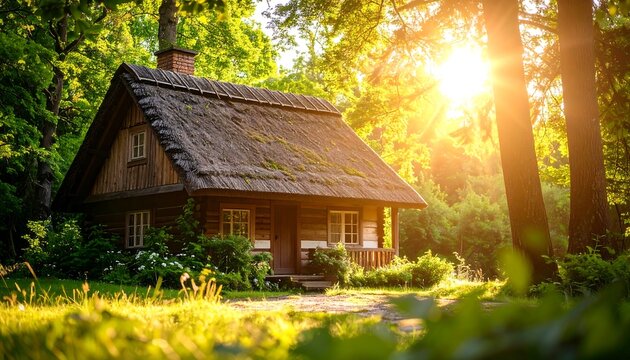 Rustic wooden cottage nestled in sunlit forest - Powered by Adobe