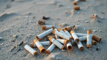 Cigarette butts littering sandy beach highlight environmental factors affecting coastal areas