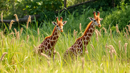 Baby Giraffes Playing Hide and Seek in Tall Grass