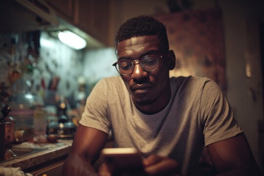 Young nigerian man immersed in diy plumbing video adventure. Home repair safety. Diy repairs in nigeria: risky remedies for costly services. Diy learning trends. Digital repair tutorials.