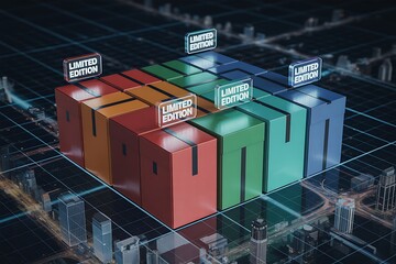 Discover exclusive opportunities with vibrant limited edition collections presented in a modern cityscape grid, signifying growth and scarcity