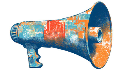 Retro megaphone with abstract colorful pattern isolated on transparent background