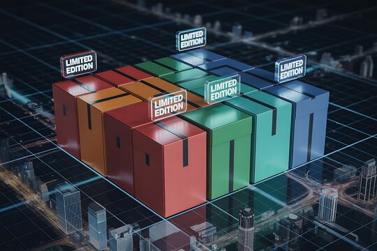 Discover exclusive opportunities with vibrant limited edition collections presented in a modern cityscape grid, signifying growth and scarcity