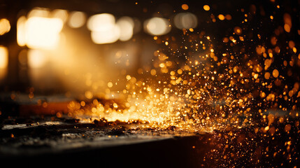 Metal part with flying sparks, dramatic side lighting, blurred factory glow
