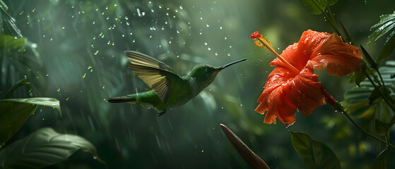 Green hummingbird from Colombia, green bird flying next to beautiful red flower, action feeding scene in green tropical forest, animal in the nature habitat.