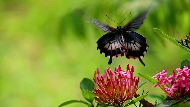 Great Mormon butterfly flying and drinking nectar, slow motion
