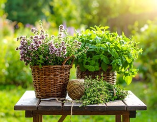 Two wicker baskets filled with fresh herbs, thyme and mint, sit on a rustic wooden table outdoors in a garden setting. Sunlight highlights the vibrant greenery