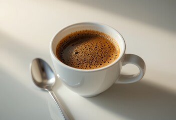 Obraz premium close up of freshly brewed coffee in white ceramic cup with silver spoon on white surface