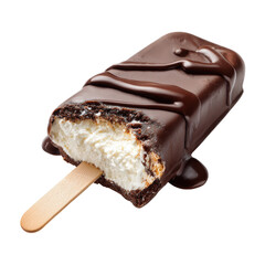 Obraz premium Chocolate covered ice cream bar with a bite taken out dripping with melted chocolate