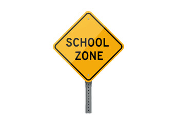 A yellow school zone sign with black text on a gray metal pole against a plain white background image view