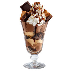 Decadent chocolate dessert in a stemmed glass with whipped cream and brownie pieces