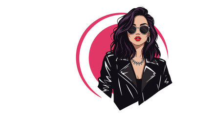 Illustration of a woman with sunglasses and a leather jacket in front of a pink circle design element