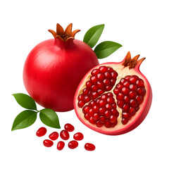 Whole pomegranate half pomegranate seeds and leaves on black background