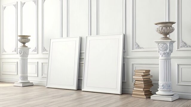 Refined gallery setting with three white rectangular canvas placeholders near classic decor and stacked books, evoking a calm, elegant atmosphere.