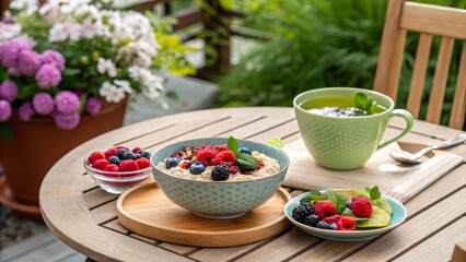 Colorful outdoor meal setting featuring balanced breakfast with fresh fruits and granola on a sunny morning