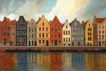 Fototapeta premium A picturesque scene of colorful canal houses reflecting in water.